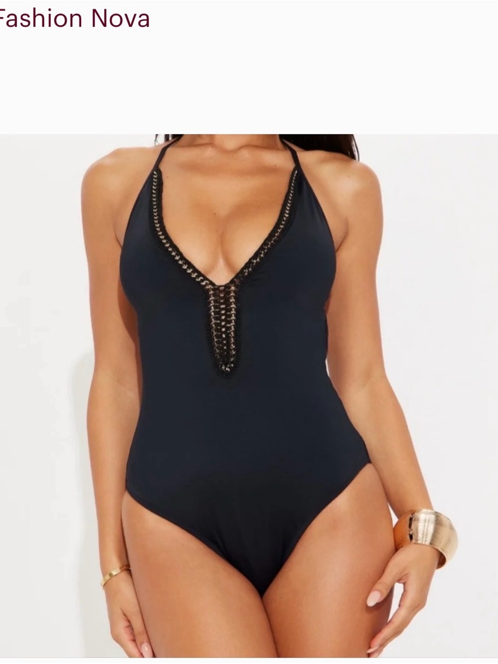 Fashion Nova Black One-Piece Swimsuit with Beaded Trim
